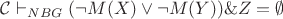 $\mathcal{C}\vdash_{NBG} (\neg M(X) \vee \neg M(Y)) \& Z =\emptyset$