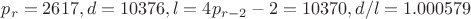 $p_r=2617, d=10376, l=4p_{r-2}-2=10370, d/l=1.000579$