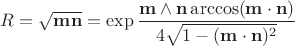$R = \sqrt{\mathbf m\mathbf n} = \exp\dfrac{\mathbf m\wedge\mathbf n \arccos(\mathbf m\cdot\mathbf n)}{4\sqrt{1 - (\mathbf m\cdot\mathbf n)^2}}}$