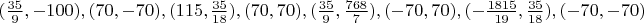 $(\frac{35}{9}, -100), (70, -70), (115, \frac{35}{18}), (70, 70), (\frac{35}{9}, \frac{768}{7}), (-70, 70), (-\frac{1815}{19}, \frac{35}{18}), (-70, -70)$
