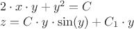 $$
\begin{array}{l}
2\cdot x\cdot y+y^2=C \\
z=C\cdot y \cdot \sin(y)+C_1\cdot y
\end{array}
$$