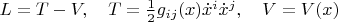 $L=T-V,\quad T=\frac{1}{2}g_{ij}(x)\dot x^i\dot x^j,\quad V=V(x)$