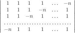 $$\left| \begin{array}{cccccc}
1 & 1 & 1 & 1 & \ldots & -n \\
1 & 1 & 1 & -n & \ldots & 1 \\
1 & 1 &-n & 1 & \ldots & 1 \\
\hdotsfor{6} \\
-n & 1 & 1 & 1 & \ldots & 1
\end{array} \right|$$
