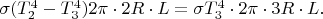 $\sigma (T_2^4 - T_3^4)2\pi\cdot 2R\cdot L = \sigma T_3^4\cdot2\pi\cdot 3R\cdot L. $