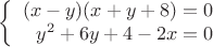 $$\left\{
\begin{array}{rcl}
(x-y)(x+y+8)=0 \\
y^2+6y+4-2x=0 \\
\end{array}
\right.$$ $$\left\{
\begin{array}{rcl}
(x-y)(x+y+8)=0 \\
y^2+6y+4-2x=0 \\
\end{array}
\right.$$
