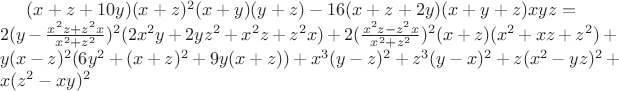 $(x+z+10y)(x+z)^2(x+y)(y+z)-16(x+z+2y)(x+y+z)xyz=\\
2(y-\frac{x^2z+z^2x}{x^2+z^2})^2(2x^2y+2yz^2+x^2z+z^2x)+2(\frac{x^2z-z^2x}{x^2+z^2})^2(x+z)(x^2+xz+z^2)+\\
y(x-z)^2(6y^2+(x+z)^2+9y(x+z))+x^3(y-z)^2+z^3(y-x)^2+z(x^2-yz)^2+x(z^2-xy)^2$