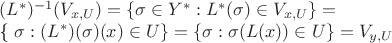 $(L^{\ast})^{-1}(V_{x,U}) = \{\sigma \in Y^{\ast} : L^{\ast} (\sigma) \in V_{x,U} \} = 

\{ \sigma : (L^{\ast})(\sigma) (x) \in U\} = \{ \sigma :\sigma (L(x)) \in U \} = V_{y,U}$