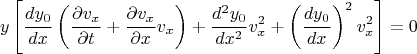 $$y\left[\frac{dy_0}{dx}\left(\frac{\partial v_x}{\partial t}+\frac{\partial v_x}{\partial x}v_x\right)+\frac{d^2y_0}{dx^2}v_x^2+\left(\frac{dy_0}{dx}\right)^2v_x^2\right]=0$$