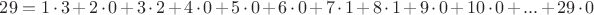 $29 = 1 \cdot 3 + 2 \cdot 0 + 3 \cdot 2 + 4 \cdot 0 + 5 \cdot 0 + 6 \cdot 0 + 7 \cdot 1 + 8 \cdot 1 + 9 \cdot 0 + 10 \cdot 0 + ... + 29 \cdot 0$