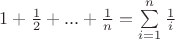 $\[
1 + \frac{1}
{2} + ... + \frac{1}
{n} = \sum\limits_{i = 1}^n {\frac{1}
{i}} 
\]$