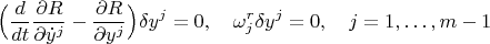 $$\Big(\frac{d}{dt}\frac{\partial R}{\partial \dot y^j}-\frac{\partial R}{\partial  y^j}\Big)\delta y^j=0,\quad \omega^r_j\delta y^j=0,\quad j=1,\ldots, m-1$$