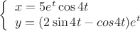 $$
\left\{ \begin{array}{l}
x= 5e^t\cos 4t\\
y= (2\sin 4t-cos 4t)e^t\\
\end{array} \right
$$