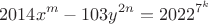 $$2014x^m-103y^{2n}=2022^{7^k}$$