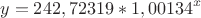 $$ y=242,72319*1,00134^x $$