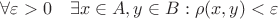 $\forall \varepsilon > 0 \quad \exists x \in A, y \in B: \rho(x, y) < \varepsilon$