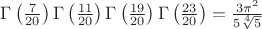 $\Gamma \left(\frac{7}{20}\right) \Gamma \left(\frac{11}{20}\right) \Gamma   \left(\frac{19}{20}\right) \Gamma \left(\frac{23}{20}\right)=\frac{3 \pi ^2}{5 \sqrt[4]{5}}$