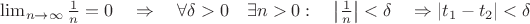 $\lim _{ n\rightarrow \infty  }{ \frac { 1 }{ n }  } =0\quad \Rightarrow \quad \forall \delta >0\quad \exists n>0:\quad \left| \frac { 1 }{ n }  \right| <\delta \quad \Rightarrow \left| { t }_{ 1 }-{ t }_{ 2 } \right| <\delta $