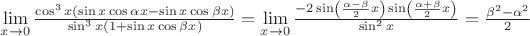 $\lim\limits_{x\to 0}\frac{\cos^3 x(\sin x\cos \alpha x-\sin x\cos \beta x)}{\sin^3 x(1+\sin x\cos \beta x)}=\lim\limits_{x\to 0}\frac{-2\sin\left(\frac{\alpha-\beta}{2}x\right)\sin\left(\frac{\alpha+\beta}{2}x\right)}{\sin^2 x}=\frac{\beta^2-\alpha^2}{2}$
