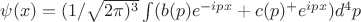 $\psi(x)=(1/\sqrt{2\pi)^3}\int(b(p)e^{-ipx}+c(p)^+e^{ipx})d^4p$