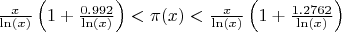 $\frac{x}{\ln(x)}\left(1+\frac{0.992}{\ln(x)}\right)<\pi(x)<\frac{x}{\ln(x)}\left(1+\frac{1.2762}{\ln(x)}\right)$