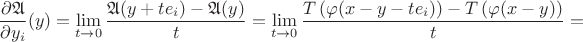 $$\frac{\partial \mathfrak{A}}{\partial y_i}(y) = \lim\limits_{t\to 0} \frac{\mathfrak{A}(y+te_i)-\mathfrak{A}(y)}{t} =  \lim\limits_{t\to 0} \frac{T\left ( \varphi(x-y-te_i) \right ) - T\left ( \varphi(x-y) \right )}{t} =$$