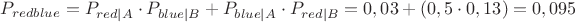 $P_{redblue} =  P_{red|A} \cdot P_{blue|B}  +  P_{blue|A} \cdot P_{red|B} = 0,03 + (0,5 \cdot 0,13) = 0,095$