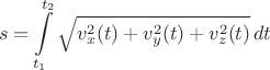 $$
s=\int\limits_{t_1}^{t_2}\sqrt{v_x^2(t)+v_y^2(t)+v_z^2(t)}\,dt
$$
