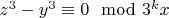 $z^3-y^3\equiv0\mod 3^kx$