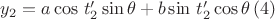 $y_2=a\cos\,t_2'\sin\theta +b\sin\,t_2'\cos\theta\,(4)$ $y_2=a\cos\,t_2'\sin\theta +b\sin\,t_2'\cos\theta\,(4)$