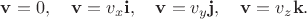 $\mathbf{v}=0,\quad\mathbf{v}=v_x\mathbf{i},\quad\mathbf{v}=v_y\mathbf{j},\quad\mathbf{v}=v_z\mathbf{k}.$
