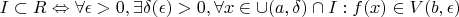 $I\subset R \Leftrightarrow \forall \epsilon>0, \exists \delta (\epsilon)>0, \forall x\in \cup (a, \delta) \cap I: f(x)\in  V(b, \epsilon)$