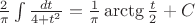 $\frac 2 {\pi} \int \frac {dt}{4+t^2} =  \frac 1 {\pi} \arctg \frac t 2 + C$