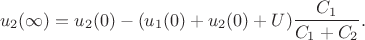$$u_2(\infty)=u_2(0)-(u_1(0)+u_2(0)+U)\frac{C_1}{C_1+C_2}.$$