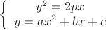 \[
\left\{ {\begin{array}{*{20}c}
   {y^2  = 2px}  \\
   {y = ax^2  + bx + c}  \\
\end{array}} \right.
\]