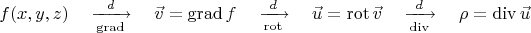 $$f(x,y,z)\quad\xrightarrow[\mathrm{grad}]{d}\quad\vec{v}=\operatorname{grad}f\quad\xrightarrow[\mathrm{rot}]{d}\quad\vec{u}=\operatorname{rot}\vec{v}\quad\xrightarrow[\mathrm{div}]{d}\quad\rho=\operatorname{div}\vec{u}$$