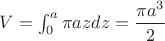 $V=\int_0^a \pi a z dz=\dfrac{\pi a^3}{2}$