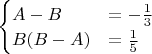$\begin{cases}
A - B &= -{1 \over 3}\\
B(B-A)&={1 \over 5}
\end{cases}
$