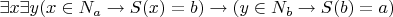 $\exists x \exists y (x \in N_a \rightarrow S(x)=b) \rightarrow (y \in N_b \rightarrow S(b)=a)$