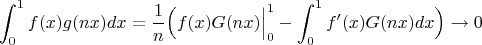 $$\int_0^1f(x)g(nx)dx=\frac{1}{n}\Big(f(x)G(nx)\Big|_0^1-\int_0^1f'(x)G(nx)dx\Big)\to 0$$