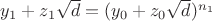 $y_1+z_1 \sqrt{d}=(y_0+z_0 \sqrt{d})^{n_1}$