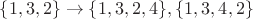 $\{1,3,2\}\to\{1,3,2,4\},\{1,3,4,2\}$