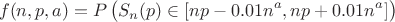 $$f(n,p,a)=P\left(\strut S_n(p)\in [np-0.01n^a,np+0.01n^a]\right)$$