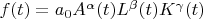 $f(t)=a_0A^{\alpha}(t)L^{\beta}(t)K^{\gamma}(t)$