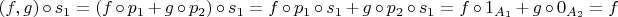 $$(f,g)\circ s_1=(f\circ p_1+g\circ p_2)\circ s_1=f\circ p_1\circ s_1+g\circ p_2\circ s_1=f\circ 1_{A_1}+g\circ 0_{A_2}=f$$