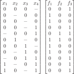 \begin{bmatrix}
x_1 & x_2 & x_3 & x_4 \\
0 & 0 & 0 & - \\
0 & - & 0 & 0 \\
0 & 0 & - & 0 \\
0 & 0 & - & 1 \\
- & 0 & 0 & 1 \\
0 & 1 & - & 0 \\
0 & 0 & 1 & - \\
0 & - & 1 & 0 \\
- & 0 & 1 & 1 \\
1 & - & 0 & 1 \\
1 & 0 & - & 1
\end{bmatrix}
\begin{bmatrix}
f_1 & f_2 & f_3 \\
0 & 0 & 1 \\
1 & 0 & 0 \\
1 & 0 & 0 \\
0 & 0 & 1 \\
0 & 1 & 1 \\
1 & 1 & 0 \\
1 & 0 & 0 \\
1 & 0 & 0 \\
0 & 0 & 1 \\
0 & 0 & 1 \\
0 & 0 & 1
\end{bmatrix}