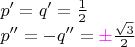$\begin{array}{l}p'=q'=\frac 1 2\\p''=-q''={\color{magenta}\pm}\frac{\sqrt 3}{2}\end{array}$