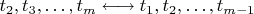 $t_2,t_3,\ldots,t_m\longleftrightarrow t_1,t_2,\ldots,t_{m-1}$