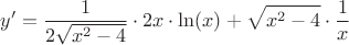 $$y'=\frac{1}{2\sqrt{x^2-4}}\cdot 2x\cdot\ln (x)+\sqrt{x^2-4}\cdot\frac{1}{x}$$