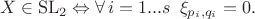 $$X\in\operatorname{SL}_2\Leftrightarrow \forall\,i=1...s\,\,\,\xi_{p_i,q_i}=0.$$
