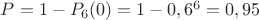 $P=1-P_6(0)=1-0,6^6=0,95$